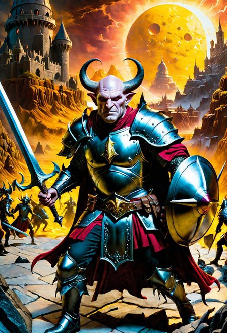 A hyperrealistic 8k photograph was captured by Sid Avery's Hasselblad camera, depicting close-up a handsome+ Tiefling shield bearer with pink+++ skin and slender build during a battle+++, surrounded by goblins++, He has a bald head, neon yellow eyes, calm++ and handsome+ and detailed face, cold smile++, mysterious and ominous aura of dark shadows enveloping the figure, Lovecraftian Horror-themed, in the artistic style of Boris Vallejo, Shadows casting an uncanny atmosphere, hints of eldritch dark energy crackling, He is dressed in a medieval armour, high details and era-appropriate, He is rising a magically radiating+ Backsword+ in the right hand, and he is holding a steel Pavise shield+++ in the left hand, Backdrop (background) of a focused scene of a battle with goblins next to a white-marble palace, Mysterious composition, imbued with a dark, ambient 3d warm studio backlight.
