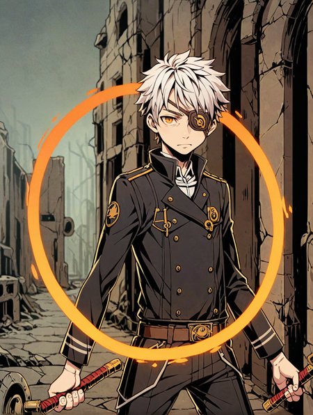 young boy,white hair,black uniform,unlight,portal,holding weapon,solo,eyepatch, 
looking at viewer,depth of field,ruins, close-up
<lora:Perfect Hands:1> <lora:Unlighté£æ ¼:0.6>, score_9, score_8_up, score_7_up, score_6_up, score_5_up, score_4_up,zPDXL
