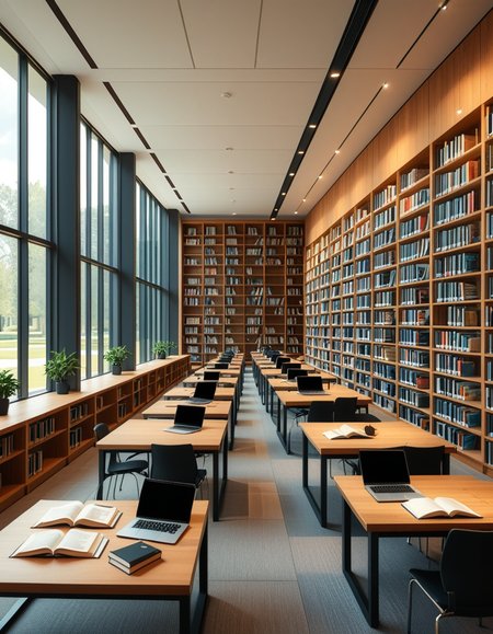 A high-resolution, ultra-realistic photograph of a modern college library interior. The scene showcases a spacious, open-plan design with large floor-to-ceiling windows allowing natural daylight to flood the space. The architectural style is contemporary, featuring minimalist furniture with clean lines: sleek wooden tables, ergonomic chairs in neutral tones (gray and beige), and built-in bookshelves made of light oak wood.
In the foreground, a group of diverse students (varied ethnicities and genders) are quietly studying, some using laptops, others reading books, with focused, calm expressions. One student is sipping coffee from a reusable cup.
The background displays rows of neatly organized books, indoor plants adding a touch of greenery, and modern pendant lights hanging from the ceiling, providing warm, ambient lighting. The floor is covered with soft gray carpet, and large abstract paintings decorate the walls, contributing to a cozy and intellectual atmosphere.
The overall mood is peaceful, studious, and inspiring, with balanced natural and artificial lighting, crisp details, and realistic textures, captured as if by a professional architectural photographer using a full-frame camera.
 <lora:SDXLFaeTastic2400:0.4> <lora:extremely_detailed:0.4> extremely detailed,<lora:modern_c0ll3g3_l1br4ry:1>,modern c0ll3g3 l1br4ry, Masterpiece,best quality,hi res,8k,hi res,8k,award winning,(sharp focus, intricate, highly detailed),