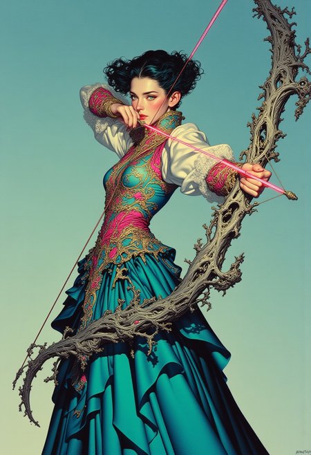 A high-resolution artistic photograph of a woman in an elaborate avant-garde outfit, posed dynamically in an archer-like stance against a soft, textured teal background. She holds a magnificent, ornate bow crafted from interwoven metal branches, infused with vibrant toxic colors—electric blue veins running through its structure, neon green highlights tracing its intricate curves, glowing magenta edges shimmering with energy, iridescent cyan reflections, and fiery orange undertones accentuating its surreal design. The bow’s metallic sheen contrasts beautifully with the softness of her attire, drawing focus to its unique craftsmanship. Her long, flowing gown is transformed with toxic hues—luminescent ultraviolet lace, shimmering acid yellow fabric, an iridescent emerald and neon pink form-fitting bodice, and a voluminous cascading train in translucent radioactive green and deep metallic indigo, adding movement and drama. Her tousled hair glows with streaks of phosphorescent violet and pulsating turquoise, enhancing her striking presence. Her intense, focused expression underscores the strength and determination in her poised stance, making her appear both powerful and otherworldly. The diffused lighting highlights the intricate textures of the gown and bow, casting a mesmerizing glow over the toxic hues, enhancing the fantastical and artistic essence of the composition. ArsMJStyle, Colored pencil hyperdetailed realism,