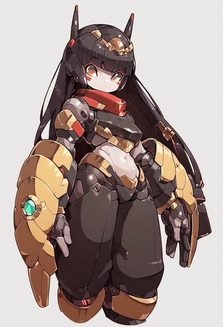 score_9,score_8_up,score_7_up,score_6_up, solo, white skin, blunt bangs, long hair, black hair, brown eyes, no jewelry, no earrings, no bracelets, makeup, black tube top, tight shiny pants, robot, mecha, simple background, no humans,  humanoid robot, standing, robot joints, no mouth,