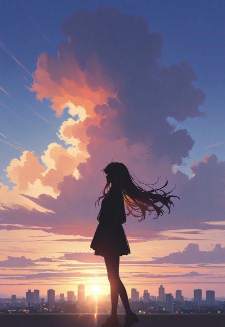 masterpiece, very aesthetic, absurdres, highres, very awa, sketch, newest, hirayama kanna, inplick, luxearte,   silhouette, flowing hair, long hair, sunset, city view, sunlight, sun beams, cloudy sky, close up
