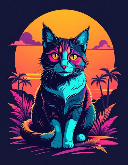 tshirt design, cat, retro sunset in the background, in the style of 5h1rt