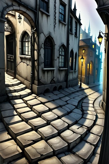 Creeping Shadows on Cobblestone Streets - A narrow, winding street paved with cracked cobblestones, flanked by distorted gothic buildings with elongated windows and twisted iron balconies. Shadows seem to stretch and crawl along the walls, and the streetlamps cast an unnatural, almost liquid light. <lora:EnvyPastelGoth02-prodigy-batch6:1> <lora:SDXLFaeTastic2400:1> <lora:Goth_SDXL_V1:1> <lora:LowBrowXL:1> <lora:GothGirlLorav0.1:1>