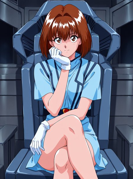masterpiece, best quality, amazing quality, very aesthetic, absurdres,  newest,anime screenshot,anime coloring,  retro artstyle, 
, white gloves sitting crossed legs,  <lora:GuynarockBrownhai:1>guynarockbrownhai, solo, short hair, brown eyes blue_clothes