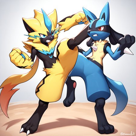 lucario, zeraora, furry, pokemon (creature), duo,score_9, score_8, score_7_up, score_6_up, lucario, standing, fighting stance, full body, from side, kicking, clenched teeth,