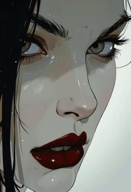 Anime art. A close-up digital illustration shoot from a portrait camera angle about a close up portrait of a woman's face with striking makeup and dark hair. the image also shows a woman with pale skin, long black hair, and striking red lipstick. on the middle of the image, a woman appears to be looking directly at the viewer, with a neutral expression. she has grey eyes, thick eyebrows, and thick eyelashes. her hair is styled in a way that frames her face, and her lips are painted with red lipstick, giving her a bold and dramatic look. the background is a simple gradient of light gray to white, which contrasts with the woman's striking features. the overall style is reminiscent of a comic book or graphic novel, with bold lines and a glossy finish that adds to the overall aesthetic.