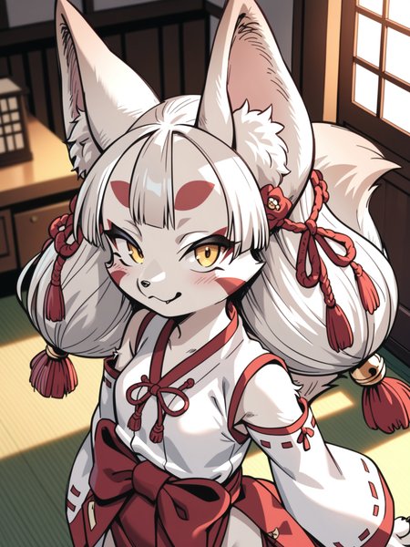 <lora:happy_tentacle-junkohaku-v0.1:0.9>, ht_junkohaku, hair ornament, jingle bell, fox tail, yellow eyes, small breasts, white fur , furrowed brows, indoors, bedroom cowboy shot, 1girl, (petite:1.2), solo focus, (looking at viewer:1.1), sidelighting, (depth of field:0.8), from above, score_9, score_8_up, score_7_up, score_6_up, score_5_up, score_4_up