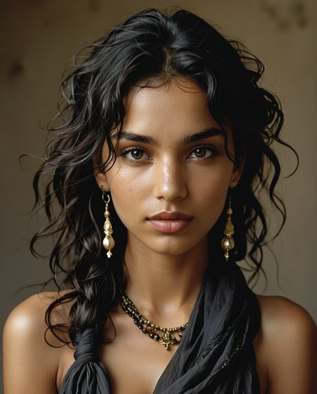 Half-length portrait of a gypsy girl (Anna Dittmann features), front view, wavy black hair, loose and messy hair, strands on the face, wind, closed eyes, dark skin, straight nose, full lips, (open mouth: 0 ,5), (smile:1), long face, black scarf around the neck, earrings, fashion style, (Steve McCurry, Herb Ritts, Mario Sorrenti), jasmine, musk, sensuality, earth tones, dark Venetian stucco wall background , studio pose, side light, high contrast, photo quality, 4K