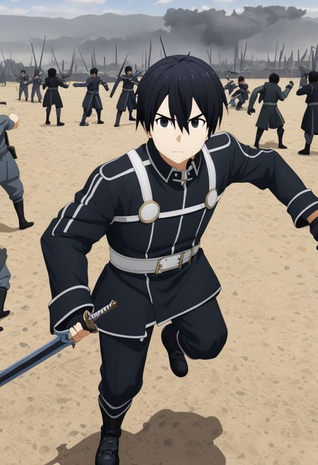 high resolution, professional photography, best quality, 1Boy, Kirigaya Kazuto, Black Hair, Black Eyes, war, virtual world, sword fighting, overalldetail
