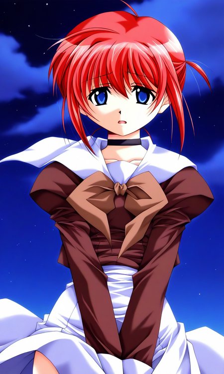 general,highres, ultra-detailed,very aesthetic,best quality ,best hands, BREAK  <lora:Hiroba_Mahiru_Negapoji_Ver2.0_IS:1>
Hiroba_Mahiru(Negapoji), 1boy, solo, red hair, blue eyes, short hair, ahoge, bangs, black choker,
open mouth, long sleeve, white skirt, brown sleeve, sad, brown ribbon, cowboy_Shot, 
v arms,
night, sky,