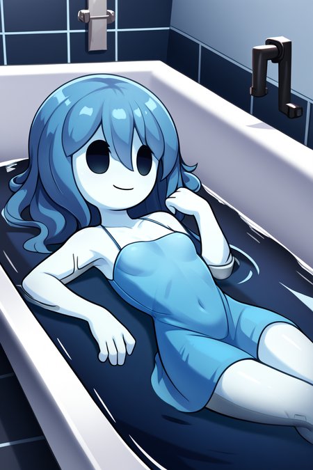 score_9, score_8_up, nsfw, score_7_up, <lora:Spooky:0.9>  spooky (sjm), ghost girl, solid oval eyes, smile, transparent, colored skin, long blue hair, small breasts, blue dress, solo, lying on back, bathrub, in bathtub, submerged, wet, from the side, from side,, room, couch, fim,