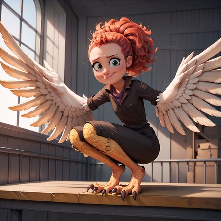 score_9, score_8_up, score_7_up BREAK best quality, masterpiece, absurdes tulip_storks, proud confident smirk at viewer, closed mouth, harpy legs, (wingarms, winged arms:1.2), spread wings, white feathers, in warehouse full of boxes, bushy ponytail, 1girl, red hair, squatting on metal industrial railing, perched on metal industrial railing, knees spread, legs spread out<lora:Tulip_Storks:.7> <lora:Winged_Arms_Lora_PonyXL:1>, human face, side view, black jumpsuit