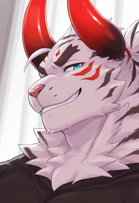 masterpiece,best quality,amazing quality, 1boy, solo, WhiteTiger, red horn, demon horn, furry, close up, side angle, smirk,