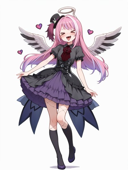 angel,ghostrick angel of mischief,1girl,solo,smile,white background,stitched heart,open mouth,simple background,>_<,black kneehighs,:d,full body,blush,black layered dress,red ascot,black corset,black mini top hat,veins,sketch,purple shoes,naughty face,tongue out, standing, 
masterpiece,best quality,amazing quality,very aesthetic,absurdres,newest,<lora:Ghostrick Angel of Mischief illusXL v1:0.7>,