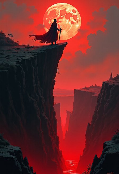 Standing on top of a shattered tower rising against the sky, he looked down the steep walls of moldering stones into the distant valley that extended all the way to the horizon. The full moon was rising. He drew his sword, and his gaze plunged deep into the chasm that opened below, at the bottom of the tower. There in the swirling red mists some horrendous demonic shapes writhed and palpitated.  