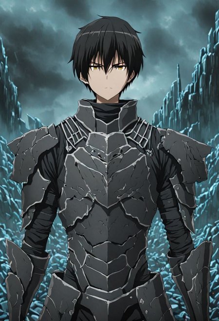 high resolution, solo, best quality, 1Boy, Kanie Seiya, Black Hair, dystopia, serious looking, armor, fantasy, OverallDetail