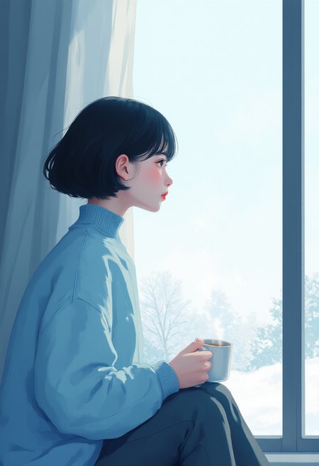 Digital illustration of a young woman with short, curly hair, wearing a light blue sweater and sitting by a large window. She gazes outside at a snowy landscape, holding a steaming mug in her hands. The background features cool tones, with soft white snow and pale blue sky visible through the window. The style is clean and modern, with flat colors and subtle gradients, capturing a peaceful and reflective atmosphere. The contrast between the warm indoor light and the cool outdoor scene emphasizes the coziness of the moment