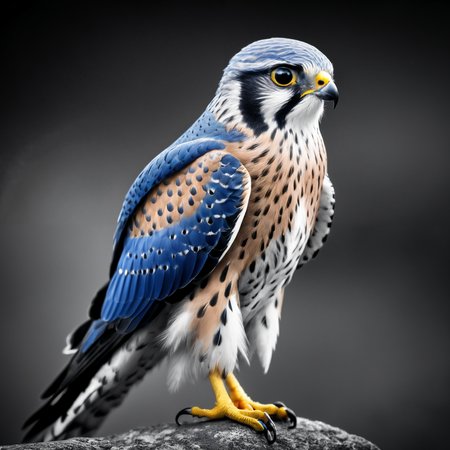 stunning monochrome photograph of a magnificent kestrel, (royal blue:1.35) and yellow, sharp claws, dynamic, shallow depth of field, 200mm lens, Rembrandt lighting,