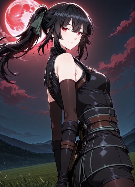 <lora:Jasmine_Flamesworth__The_Beginning_After_the_End__Illustrious:1>
1 girls, solo, red eyes, black hair, long hair, ponytail, bangs, hair between eyes, sidelocks, small breasts
hair ribbon, black gloves, fingerless gloves, elbow gloves, thighhighs, belt, sleeveless, black short, bare shoulders, black boots
score_9, score_8_up, score_7_up, very aesthetic, source_anime, detailed, high quality, beautiful, masterpiece, detailed eyes, field, blurry background, pose dynamic angle, upper body, cowboy shot, light smile, looking back, reaching out, floating hair, red moon, night, <lora:iLLMythG0thicL1nes:1>