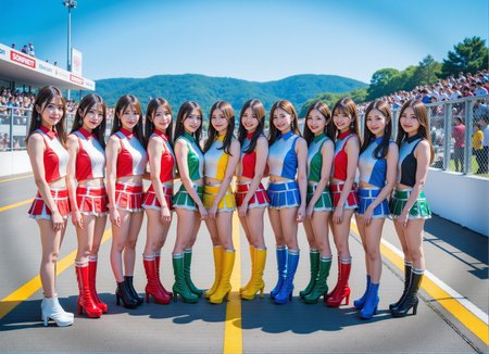 a group of young women standing on a race track. They are all dressed in colorful outfits and are posing for a group photo. The women are standing in a line,facing the camera and smiling at the camera. The background shows a large crowd of spectators in the stands and a hill in the distance. The sky is blue and the weather appears to be sunny and clear. The track is marked with yellow lines and there is a yellow caution tape on the right side of the image,<lora:Flux_race_queens>,japanese race queens,grid girls,sexy pose,(different faces and hairstyles:1.5),(sleeveless:1.2),japanese women with beautiful faces,<lora:jdl-flux-lora:0.7>,(various costumes:1.2),(slender:1.2),everyone poses differently,long high heel boots,
