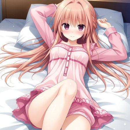 <lora:Hatsuhime_Iroha_1_nai-000043:1>,Hatsuhime Iroha,
pink pajamas,pink shorts,short shorts,frills,pink dress,frilled dress,short dress,lace-trimmed dress,lace-trimmed sleeves,
BREAK
1girl,solo,on bed,lying,on back,front view,looking at viewer,arm above head,straight-on,knee up,blush,shy,