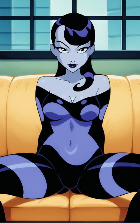 score_9, score_8_up, score_7_up, BREAK
Inque_Human_ownwaifu, 
1girl, black eyes, black hair, breasts, long hair, narrow waist, purple hair, purple lips, purple skin, slime girl, two-tone hair, makeup, lipstick, colored skin, multicolored hair, medium breasts, streaked hair, striped,
black bodysuit, multicolored bodysuit, purple bodysuit, skin tight, bodysuit, bare shoulders, long sleeves, cleavage, off shoulder, covered navel,
(sitting, spread legs), arms behind back, couch, window shade, indoors, <lora:PONYXL_DC_BatManBeyond_Inque_ownwaifu:0.95> , depth of field, solo,