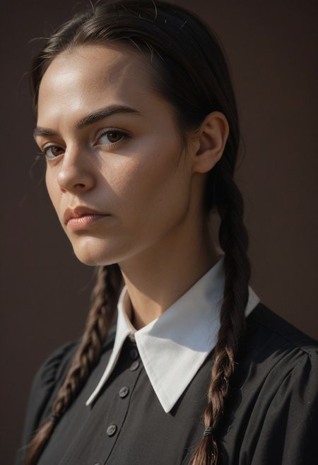 score_9, score_8_up, score_7_up, source_photo, portrait, close-up, 1girl, black hair, twin braids, collared dress, black dress, brown eyes, adult female, mature female, serious, shadows, simple background, dark background,