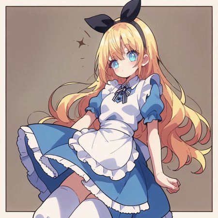 score_9, score_8_up, score_7_up, source_anime, ((masterpiece, best quality)), cute doodle, alice, blue dress, maid apron, puffy short sleeves, black ribbon, white legwear, black hairband, @ @, abstract