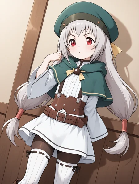 perfect quality,best quality,absolutely eye-catching,ambient occlusion,raytracing BREAK
1girl,<lora:rumina IL v1.2:0.8>,rumina,grey hair,low-tied long hair,twintails,green hat,red eyes,green capelet,white dress,wide sleeves,belt,pantyhose,(vertical stripes white thighhighs:1.2),boots,suspenders,brown corset,suspenders,ribbon-trimmed thighhighs,, dutch angle