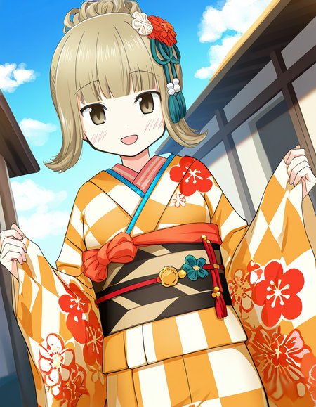 masterpiece, best quality, newest, absurdres, highres, safe, 1girl, hiroe chiharu \(haregi costume\), magia record: mahou shoujo madoka magica gaiden, smile, open mouth, solo, day, outdoors, dutch angle, <lora:hiroe_chiharu_noobaiXLNAIXL_vPred10Version:0.7>