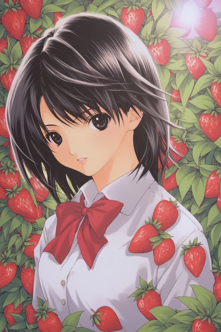 score_9,
Toujou Aya,1girl,solo,strawberry,fruit,black hair,black eyes,looking at viewer,school uniform,red bow,medium hair,
<lora:Mizuki Kawashita_PONY_XL:1.4>,