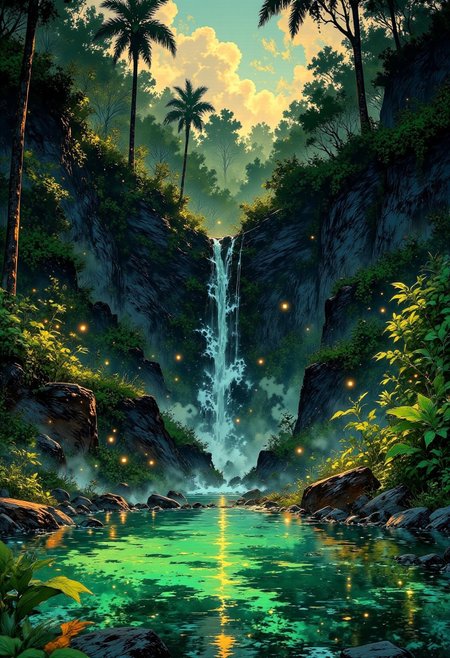 Hidden Jungle Waterfall – Emerald Lagoon & Dense Foliage
"A secluded jungle oasis where a cascading waterfall tumbles into an emerald-green lagoon, surrounded by towering palm trees and thick tropical foliage. Sunlight filters through the dense canopy above, casting dappled golden light on the water’s surface. Exotic birds call in the distance as mist rises gently from the waterfall, creating a dreamlike atmosphere."