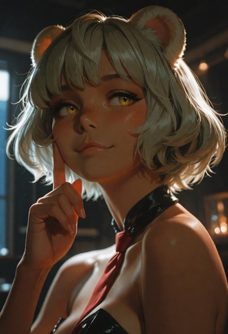masterpiece, ultra-HD, cinematic lighting, photorealistic, impressionism (1.5), high detail, depth of field, (blurred background), (dramatic lighting),masterpiece, best quality, very aesthetic,8k,masterpiece, best quality,realistic, masterpiece, best quality, 8k, (simple_background:0.5), 
solo, 1girl, KPB-Illu,cute, medium breasts, short hair, silver hair, dark tanned skin, gold eyes, bear ears, leotard, red tie, portrait, freckles, :3 expression, finger on cheek, happy