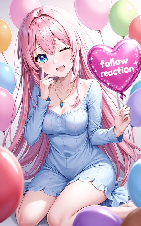 A pink long-haired girl wearing a spring-style long-sleeved blue dress,surrounded by colorful balloons in various shapes and hues,sitting casually,cheerfully extending one hand toward the camera holding a heart-shaped balloon,the balloon has glowing letters âfollow reactionâ written on it,one eye closed in a playful wink,joyful expression,heart-shaped sparkle overlay,dreamy saturated lighting from below,stylized shading,fantasy-inspired color tones.,<lora:hakaseayaka-base-02-flux:0.7>,hakaseayaka,blue eyes,long pink hair,anime-style,