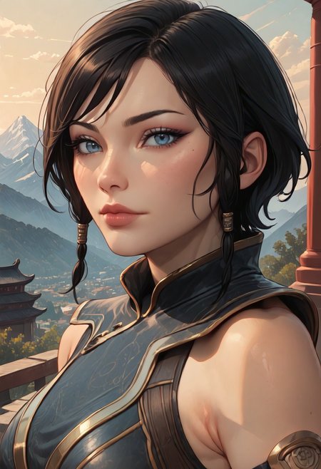 ((zPDXL3)), score_9, score_8_up, score_8, (sexy:2.5), Fantasy, perfecteyes, ultra detailed, high resolution, high quality, masterpiece, intricate details, intricate body, intricate landscape, knva, Expressiveh, European Instagram Model, upper body shot, low light, temple, mountaintop temple,
BREAK
Character: 1girl, solo, source_cartoon, mature female, sateleshandg, black hair, short hair, blue eyes, Asian, Asian features,
Clothing: armor, thigh boots, belt, 
Character Pose: confident stance, cocked hip, cowboy shot, beautiful, full lips, looking at viewer, closed mouth,
<lora:4th_tail_v0.3_lora_extract_l:0.60>