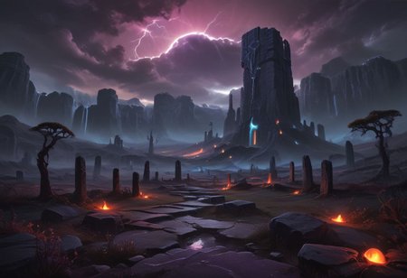 Arcane ruins at night, zavy-mthcl , arcane ruins night time, stars in sky, glowing runes on the arcane ruins. pretty