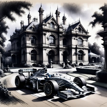 A modern F1 race car surrounded by a Victorian setting <lora:Renaissance_style:1.0>, <lora:EnvyBetterHiresFixXL01:0:hr=1>
