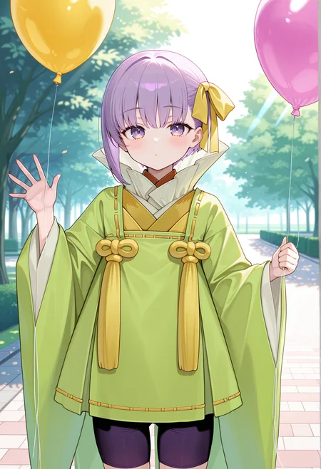 1girl, solo,  holding balloon, outdoors, park, sunlight, waving, very short hair, single sidelock, purple hair, purple eyes, ribbon, high collar, japanese clothes, long sleeves, wide sleeves, bike shorts <lora:Kazuradrop_Illus:1>, masterpiece, best quality, amazing quality, very aesthetic, absurdres, highres, newest