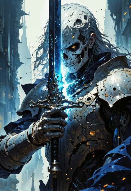 (in Krenz Cushart style:1.2), high-quality, masterpiece, A ghostly swordswoman, her face partially illuminated by the blade of her cracked sword, The camera focuses tightly on her eyes burning with a fierce ghostly light as she prepares to strike, Her breath fogs in the cold air, the faint glow of her skeletal hand grips the sword hilt with fractured armor trailing mist, The blurred battlefield behind her hints at fallen enemies and rising spirits, high contrast, dramatic close-up, motion blur, eerie glow, (elaborate fine details:1.1), (elaborately detailed attire with extraordinary elements:1.1), (hyperdetailed:1.1), (intricate details:1.0), (Refined details:1.1), (best quality:1.1), (high resolution:1.2)