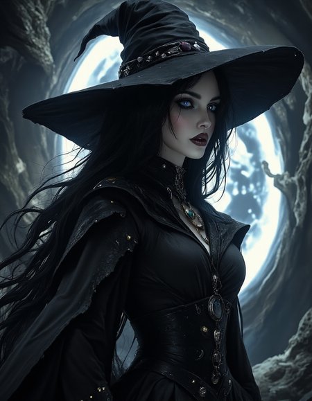 A beautiful woman with long black hair that comes to her waist. She has blue eyes. She wears a witch's peaked hat. She is pale complected.  She wears a black dress that has a high collar and covers her arms. Behind her is a swirling portal showing an eerie light.  <lora:DnDDarkestFantasy:1> <lora:lora:1> <lora:add_detail:1> <lora:Darkness:1> <lora:PerfectEyesXL:1> <lora:aidmaHyperRealismV0.2:1>