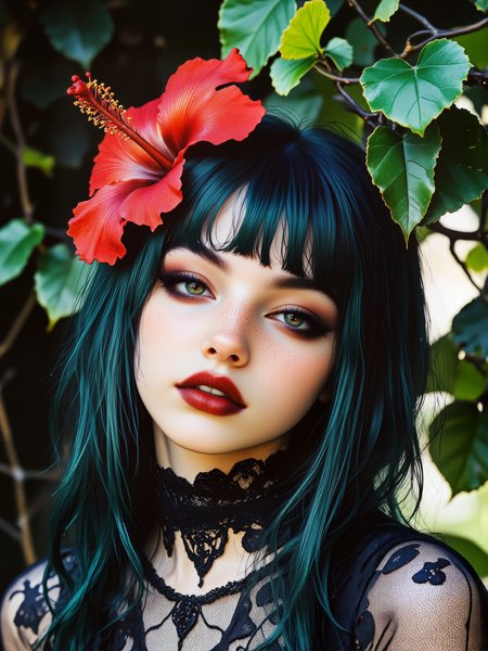 masterwork portrait photograph of a gorgeous goth girl with dark green hair and goth makeup, she is wearing a black lace dress with a lace choker and a hibiscus blossom in her hair, shot with a hasselblad 500c, kodak portra 800, 55mm, f/ 1. 8 lens, short depth of field, dappled lighting, high contrast, uhd, hdr, dtm, 8k, 4k, fictionalpoison, aidmamj6.1, art1fact girl, 
<lora:poison-character-flux-by_meower2024:0.8>
<lora:midjourney_61-v0.5-flux-by_aidma:0.68> 
<lora:portrait_artifacts-detailer-flux-by_whitelabel:0.68> 
<lora:epic_gorgeous_details-balance-flux-by_flyway:0.6>