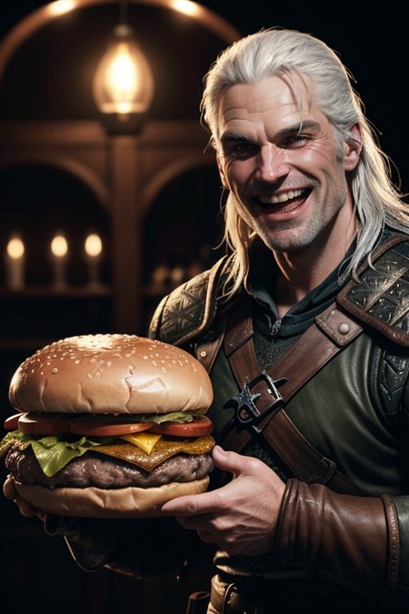 Geralt serving a giant hamburger, ((laughing)), cinematic lighting, film grain