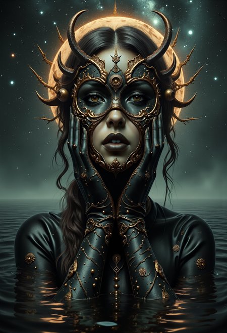 yfg-sm0rg Photorealistic a woman dark! intricate, elegant, highly detailed, concept art, portrait as the manifestation of the moon, in her arms hides her face with a mask of the Subject:  A Galleon inspired by Sandro Botticelli gothic surrealism and Caravaggio's dramatic light. Style: Photorealistic. Details: A 17th century Spanish Galleon made of clear water cruises trough the void of intergalactic space, the Galleon see trough waters made easy to appreciate stars and galaxies behind, In the background of the piece a aurora boreal can be seen. The piece looks 17th paint that evokes madness, contrast and unworldliness. Composition: 8K HDR, Depth of Field, Action Scene, Natural Lighting, centered-shot, 22 Megapixels, shot on IMAX 70mm, detailed, elegant, perfection, shimmering, with a perspective that dramatizes the black hole's gravitational pull.Render: The scene merges the haunting beauty of the artistic depth of Beksinski and Caravaggio, creating a captivating Purgatory, high-resolution image that invites viewers to ponder the hope and mercy