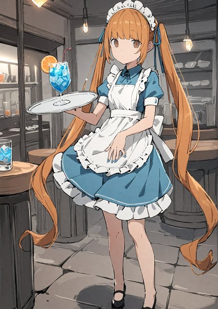 1girl, 
aiamu iamu, 
holding, standing, full body, brown eyes, tray, fingernails, indoors, holding tray, maid headdress, long hair, very long hair, drinking glass, cup, looking at viewer, dress, cocktail glass, short sleeves, shoes, food, black footwear, twintails, solo, maid, plate, holding plate, orange hair, ribbon, blue nails, ice, blue dress, closed mouth, ice cube, white apron, blue ribbon, apron, 
masterpiece, best quality, absurdres, highres, safe
 <lora:aiamu_iamu_image45_2024-03-28_a31-000040:1>