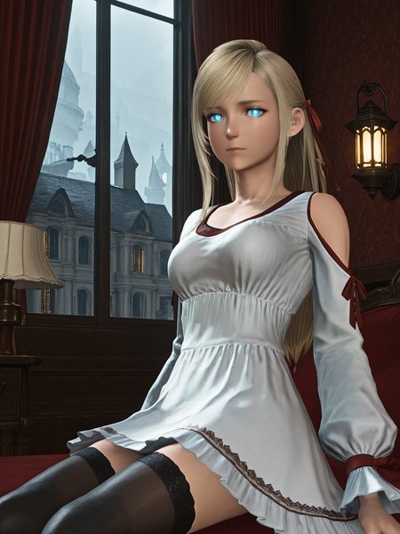 <lora:ST_FFVIIRB_0R:1.2>, ffviirb, 3d, realistic, photograph, photorealistic
<lora:Minfilia_0R:0.8>, minfiliaffxiv
blue eyes, bright pupils, glowing eyes, blonde hair, long hair, swept bangs, single sidelock, hair ribbon, red ribbon, medium breasts
white dress, shoulder cutout, long sleeves, white skirt, black thighhighs
<lora:CC_Aesthetic_Masterpiece_1:1>, masterpiece, best quality, amazing quality, very aesthetic, absurdres, detailed background, volumetric lighting, ray-tracing
1girl, looking at viewer, dynamic pose, sitting
(indoors, fantasy, city, mansion, luxurious mansion, wallpaper, curtains, window, lamp, lantern, final fantasy vii rebirth background)