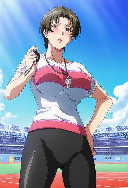 masterpiece, best quality, highres, absurdres, very awa, shadow, sidelighting, anime coloring,
Ikumi Sunohara, standing, hand on own hip, whistle around neck, holding stopwatch, hand up,
1girl, mature female, solo, legs apart, cowboy shot,
looking at viewer, blush, parted lips,
short hair, brown eyes, earrings, shiny, lips,
two-tone shirt, t-shirt, yoga pants,
large breasts, thighs,
outdoors, stadium, blue sky,
 <lora:Ikumi Sunohara 3216 NoobAIXL V-pred:1>
