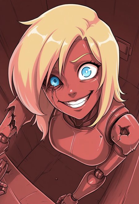 Ellie Buckingham, ((Bright Blond hair)), Blond Hair, Blond Bright blue eyes. Western Style Artwork. Bold Lines, 
high detail, high res, detailed eyes
masterpiece, good quality, best quality, robot girl, missing eye, crazy, creepy, horror, grin, 1girl, broken, R3troCRTGr33n, monochrome,security footage,red theme, framed, from above, from angle, hanging jaw, headtilt, damaged robot, missing arm