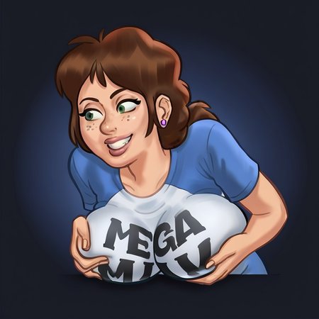 score_9, score_8_up, score_7_up, score_6_up, source_anime,solo, BREAK,
 <lora:megamilk:0.8> megamilk pose, megamilk t-shirt,  text "MEGA MILK",  large breasts, grin, grabbing own breasts, leaning forward, BREAK,
 <lora:stsTammy-21e:0.7> ststammy, mature female, large breasts,( brown hair:1.2), ponytail, stud earrings, freckles, green eyes, BREAK,
 <lora:SummertimeSagaXL_Pony:0.54> Drawn in the style of Summertime Saga