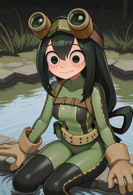 r1f13style,  masterpiece, best quality, solo,                                                                                Tsuyu Asui,  sitting in water, water pond,   big eyes, black hair, GREEN BODYSUIT, GOGGLES, small breasts, wide eyes,